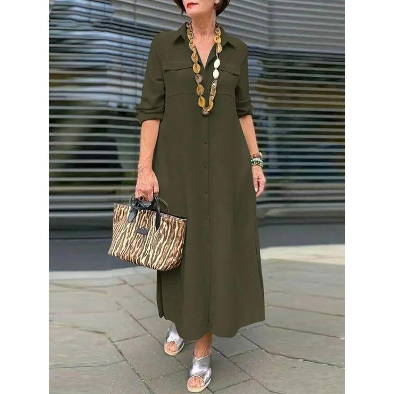 Loose Long-Sleeved Lapel Dress Elegant Solid Long sleeve Button Lapel Plus size dresses