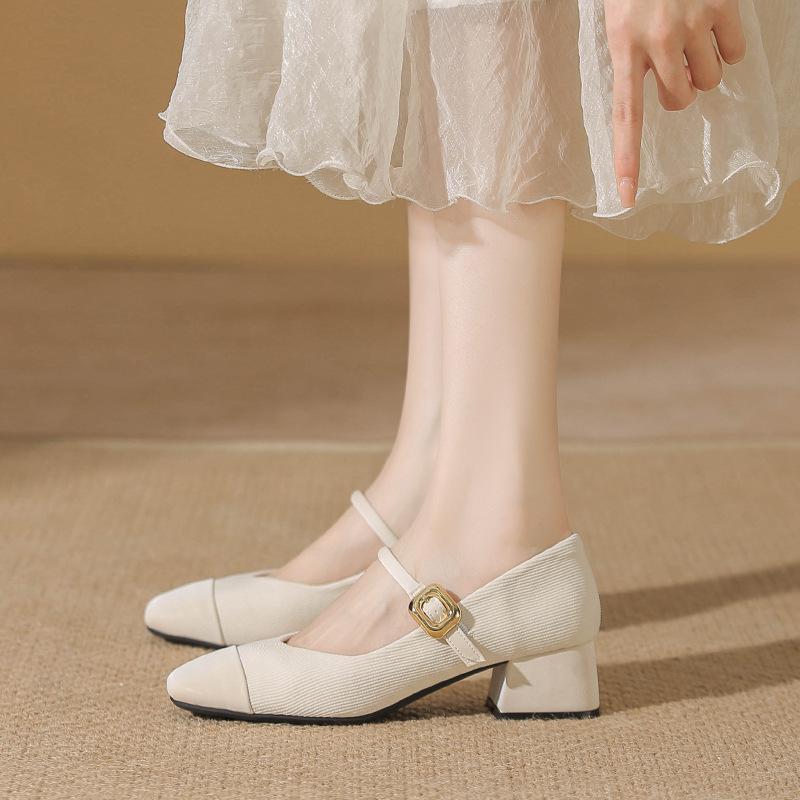 Mary Jane shoes spring and summer new square head evening breeze single shoes women's medium thick heel one-word buckle with shallow mouth wedding