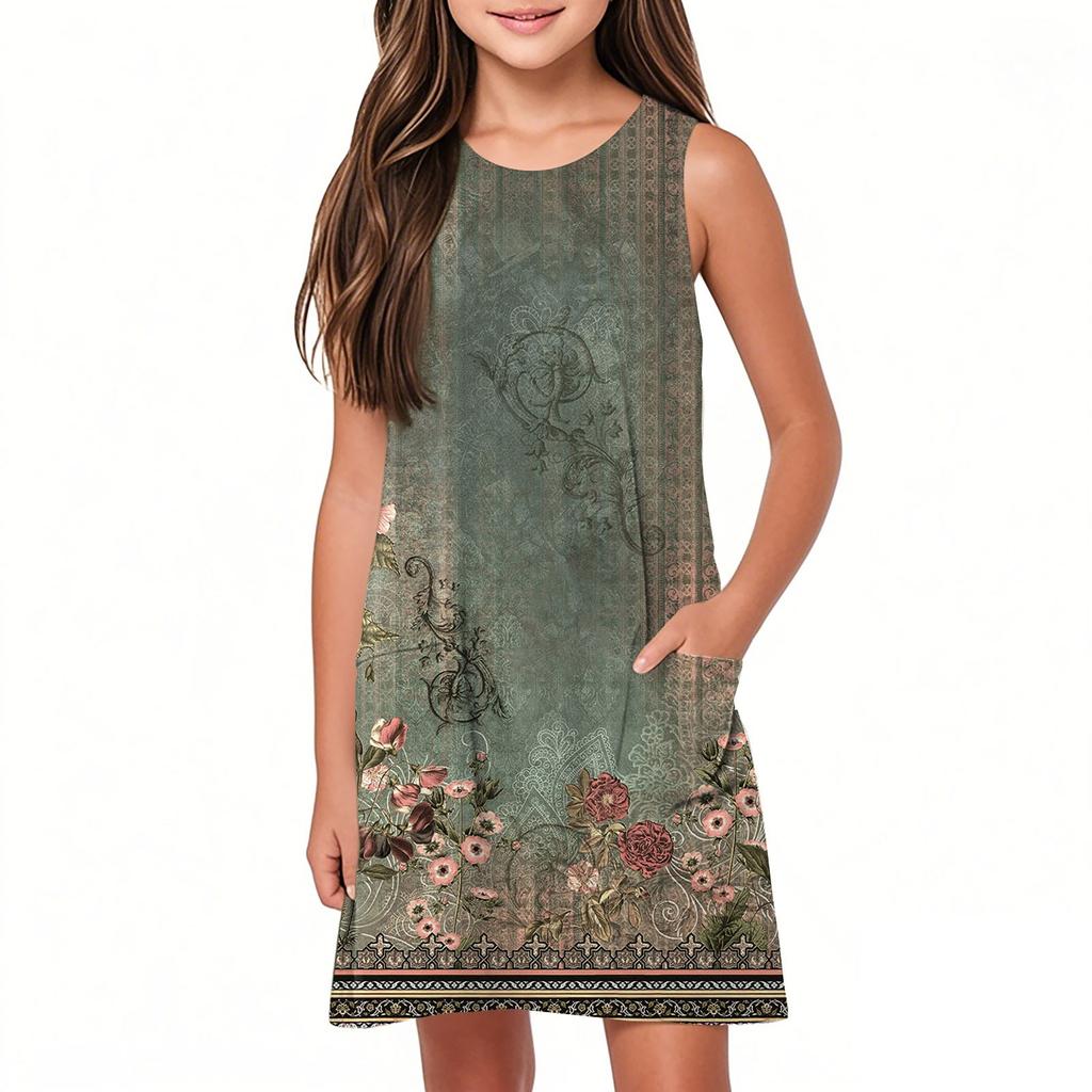 Girls Casual Sleeveless Solid Color Dress