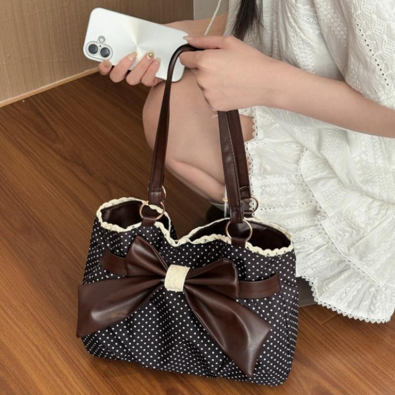 Französische Vintage Polka Dot Schultertaschen für Damen Große Kapazität Schleife Spitze Damen Achseltasche Tragbare College-Mädchen Handtasche Tote