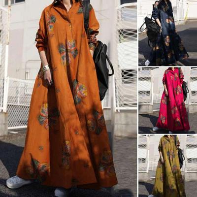 Retro Ethnic Style A-line Collar Loose Floral Print Turn-down Plus Long Sleeve Size Ankle