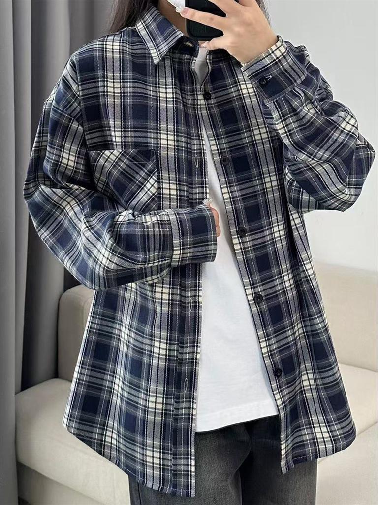 Camicia a Quadri da Donna con Collo a Revers e Maniche Lunghe, Vestibilità Larga, Casual, Bottoni, Top Oversize per Primavera Estate, da Indossare a Strati