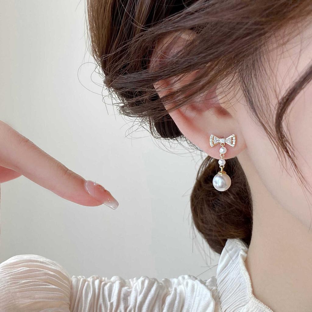 Bow pearl zircon stud earrings femininity is now popular earrings niche design earrings