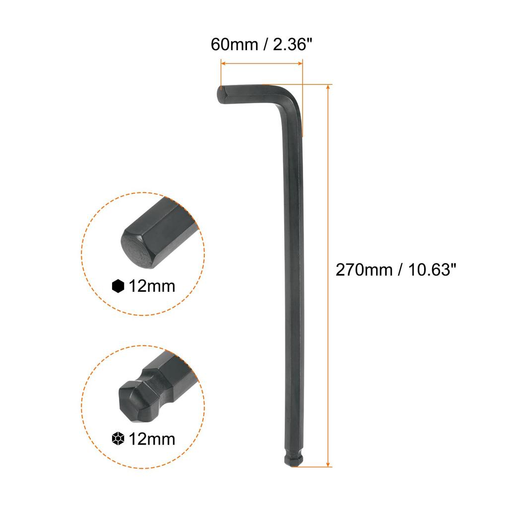 Uxcell Hex Key 12mm Alloy Steel Hex Repair Tool for Screw Furniture Bicycle Black 4-Piece Set, Ball-Type L-Shaped Keys, Long, Removal, Tightening,