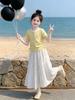 Girls' Summer Patchwork Bow Skirt Set: Trendy Short Sleeve Outfit for Medium and Large Kids