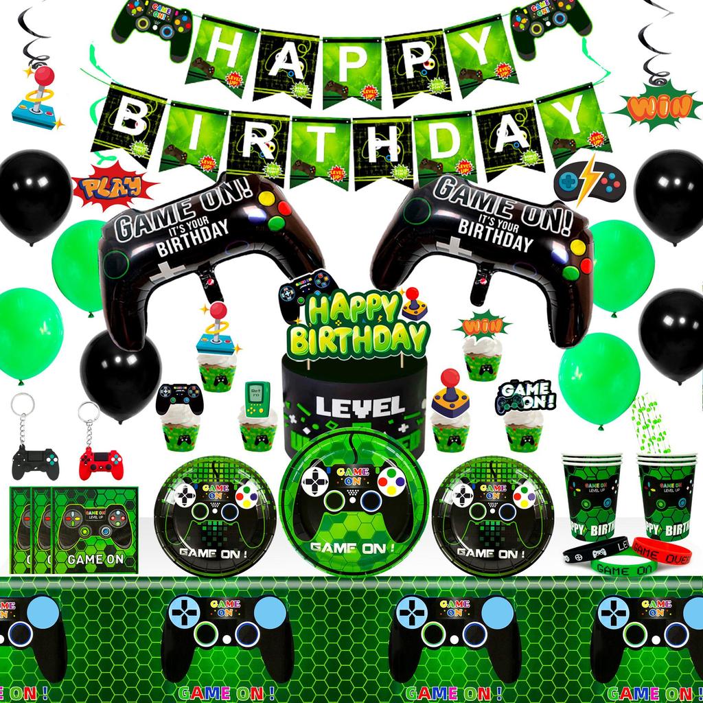 Gaming Bursdagsselskapsutstyr for barn, Videospill Selskapsdekorasjoner&Servisesett-Tallerkener Kopper Duk Ballonger Banner osv Selskapsutstyr