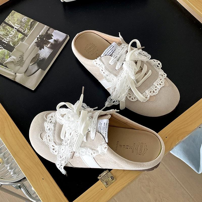 Lace retro versatile soft-soled bag head thick-soled slippers summer outer wear inner height increase half-drag single shoes