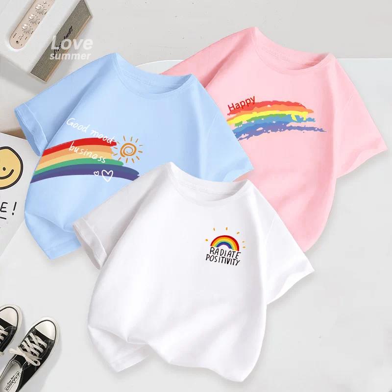 Jungen Mädchen T-Shirt Sommer Baumwolle Kurzarm T-Shirt Trendiges Regenbogen Design Kinder T-Shirt Mode Kinder Kleinkind Oberteile Zurück zur Schule