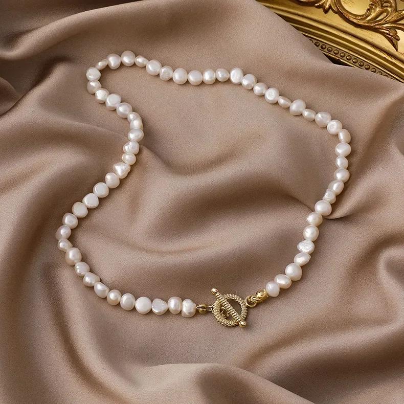 Collar de Perlas de Agua Dulce Naturales Barroco Vintage para Mujer Cierre de Pinza Dorado Círculo Gargantilla Joyería
