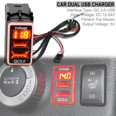 Car Dual USB Quick Tablet Charger QC3.0 Adapter 12V Phone Fast Charge Ports Adapter LED Voltmeter Digital Display For Nissan