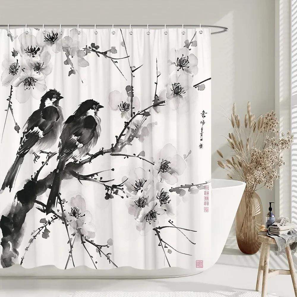 Chinese style Shower Curtain Koi Fish Cherry Blossom Sun Sea Wave Octopus Landscape Polyester Fabric Curtains Bathroom Decor