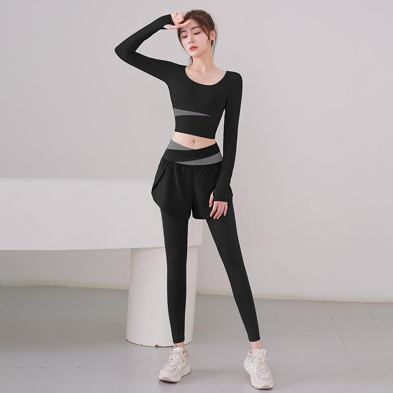 With chest pads, long sleeves, fake two-piece trousers set, running fitness, yoga clothes, sports women's outer wear, quick-drying, high waist