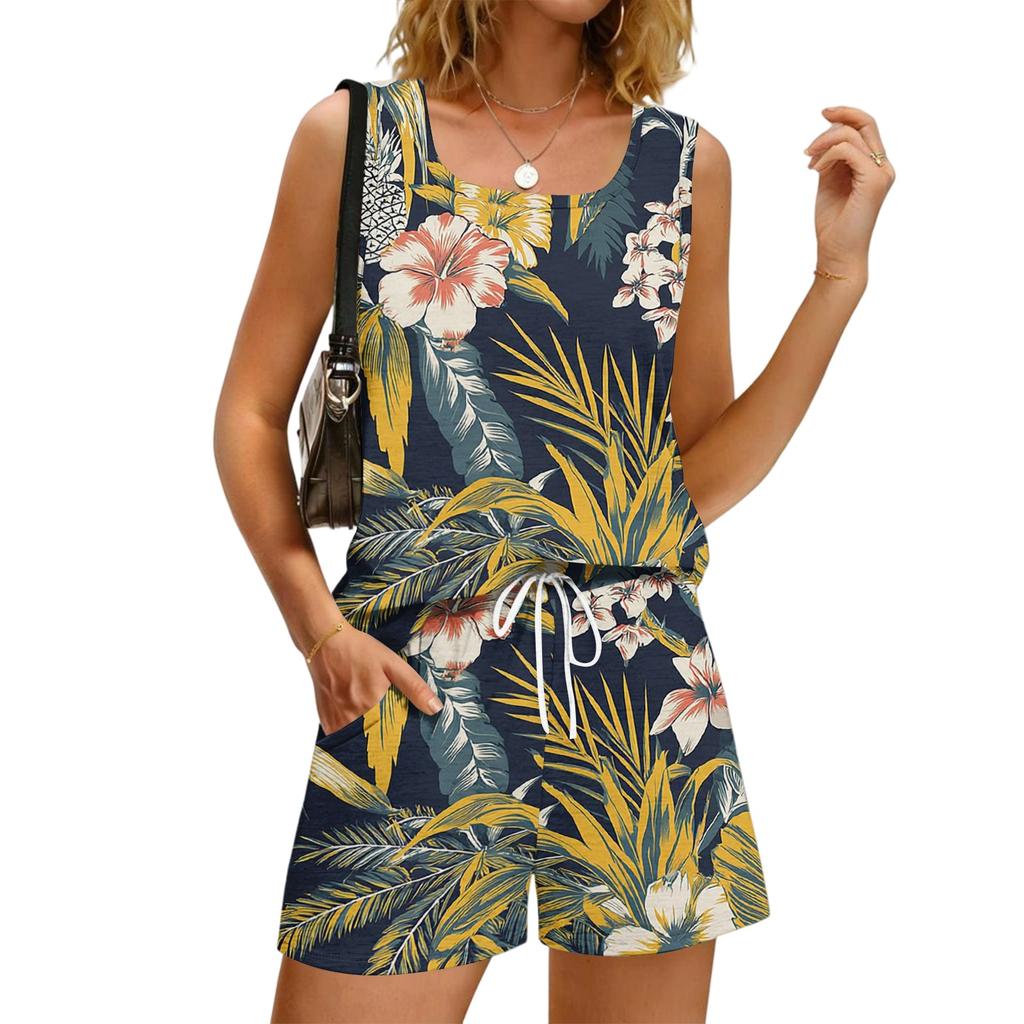 Women's Summer Floral Print Square Neck Sleeveless Tank Top and Shorts Set with Pockets - Casual 2 Piece Outfit
