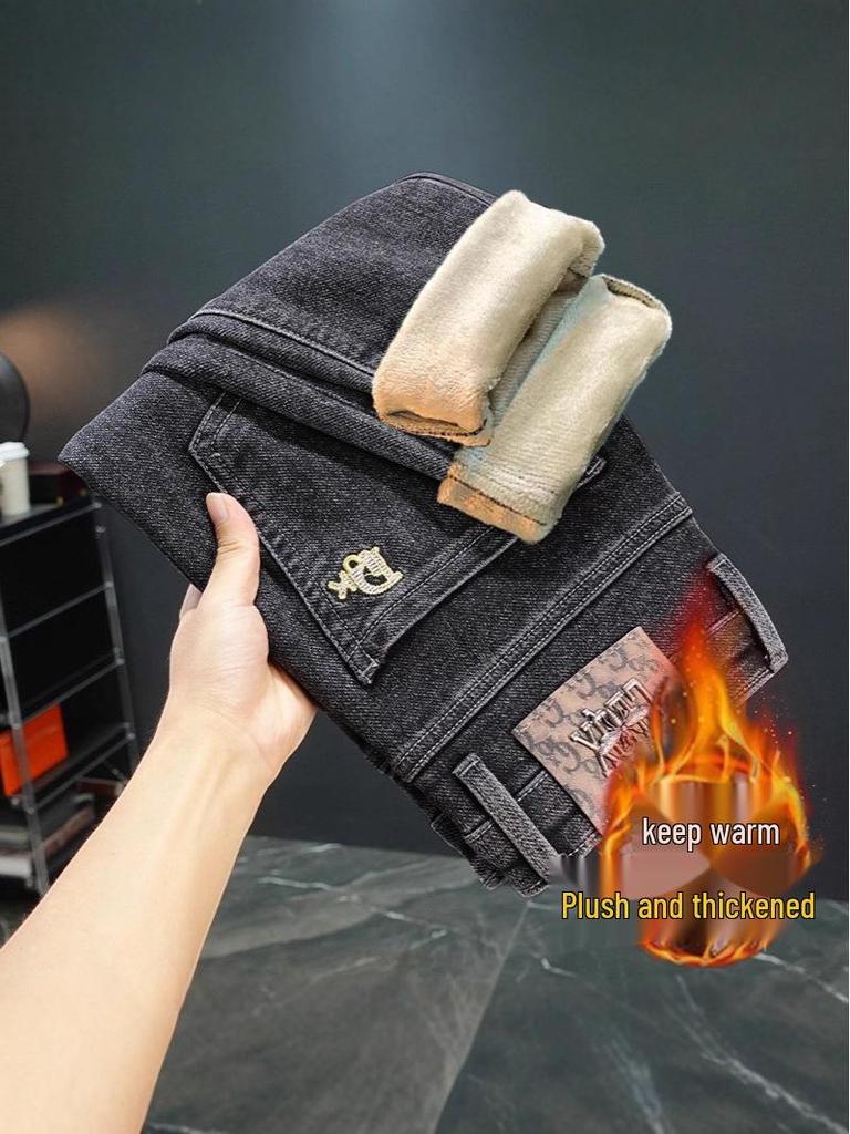 Męskie pogrubione dżinsy stretch slim-fit z podszewką z polaru - Modne, ciepłe, wszechstronne, codzienne spodnie z prostą nogawką