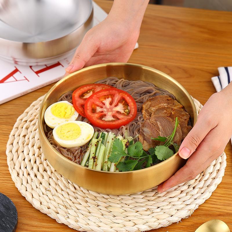 Korean Style Stainless Steel Double-Layer Gold Noodle Bowl - Large for Noodles, Rice, or Soup with Custom Logo