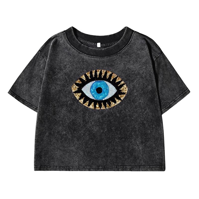 Blue Eyesprinting Women Washed Short Clothes Casual Fashion Tshirts Street Distress Midriff-Baring Tee Tops T Shirts
