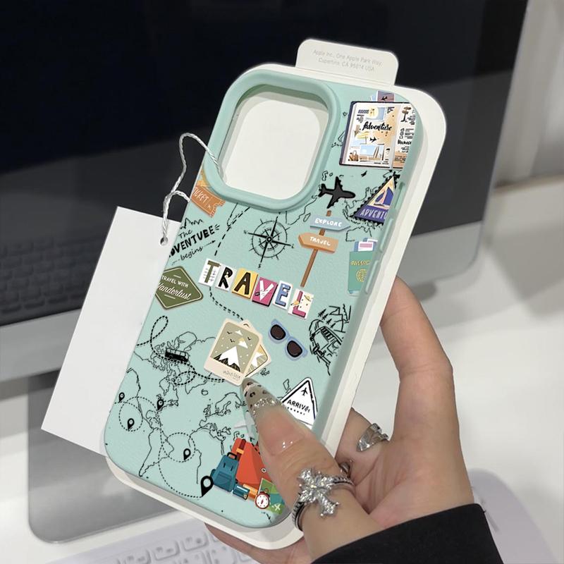 Für iPhone 16 15 Pro Max 14 Pro 13 12 11 Hülle Reise Wegweiser Muster TPU Ledertextur Weich Matt Stoßfest Schlank Handyhülle