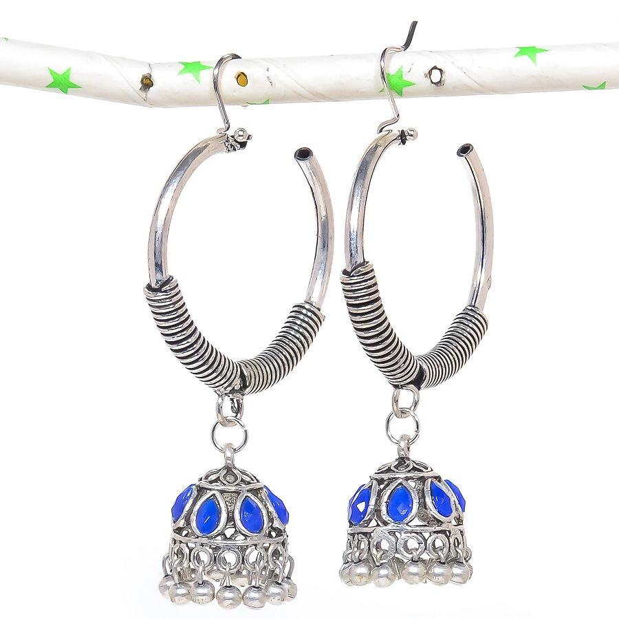 

Натуральные индийские серьги Jhumki с драгоценным камнем, серебряные серьги в племенном стиле Бали, 2,56 дюйма, B7m96