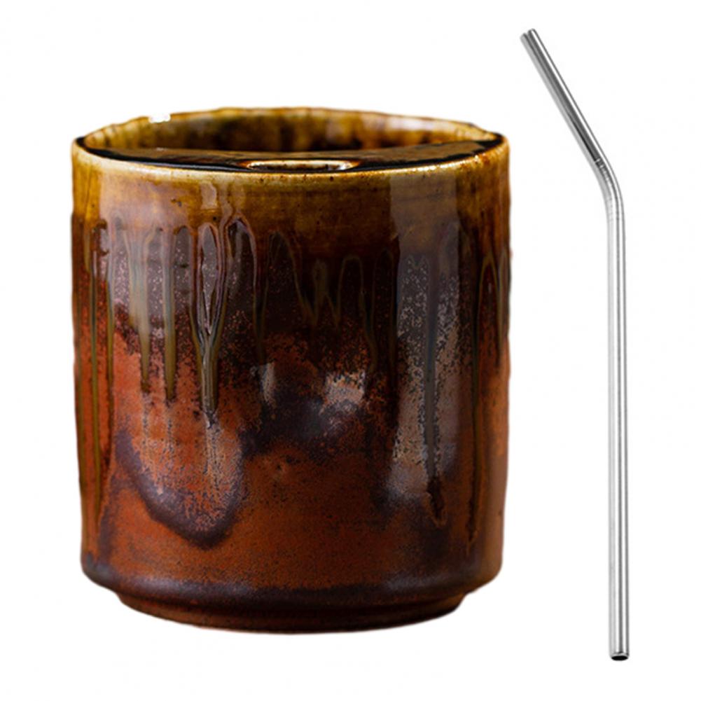 Vintage Ceramic Coffee Mug with Straw, Retro Hand-Painted Striped Straight Cylinder Cup, Coarse Stoneware for Tea Drinks