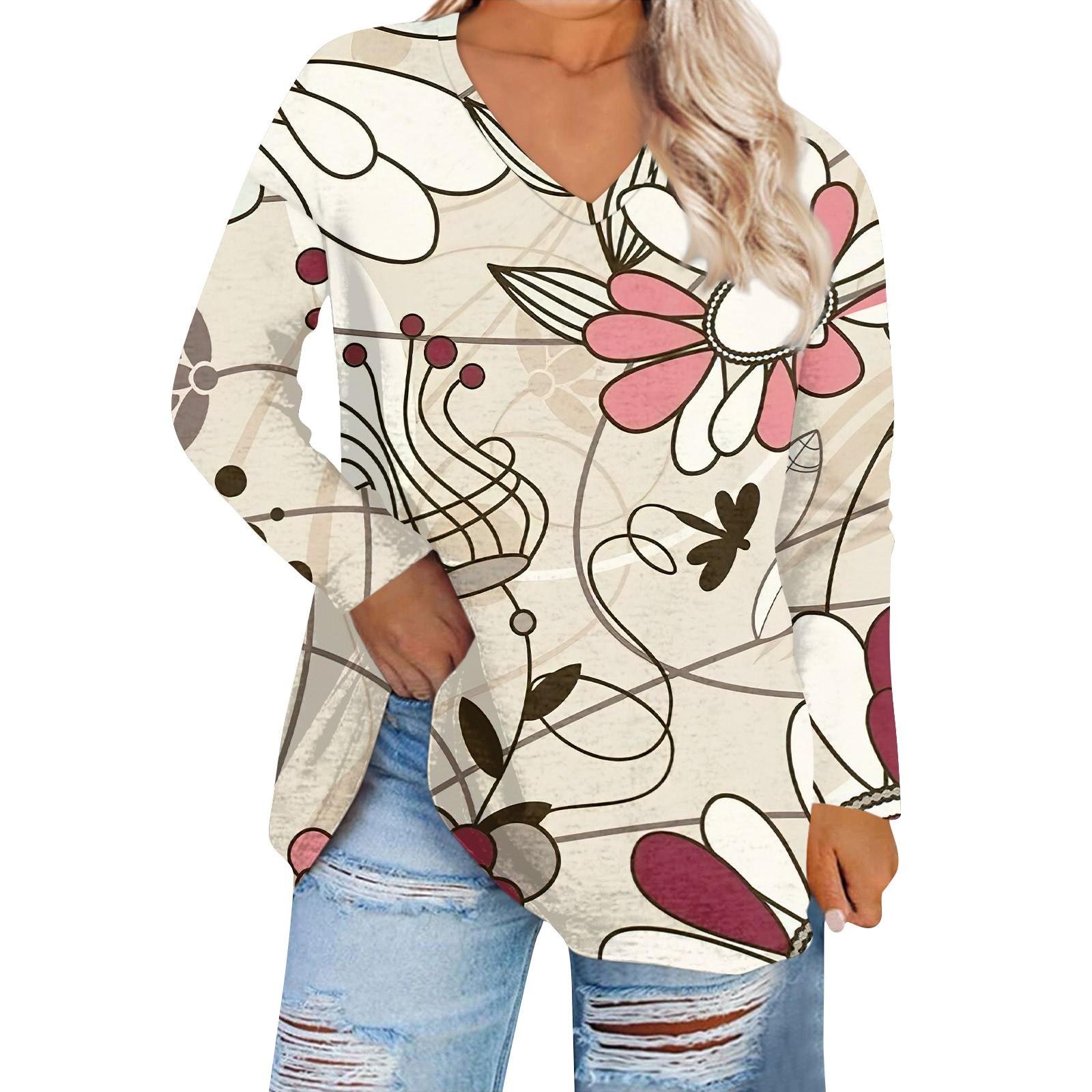 

Women s Fashion Floral Print V-Neck Plus Size Casual Long Sleeve T-Shirt Top XL хакі