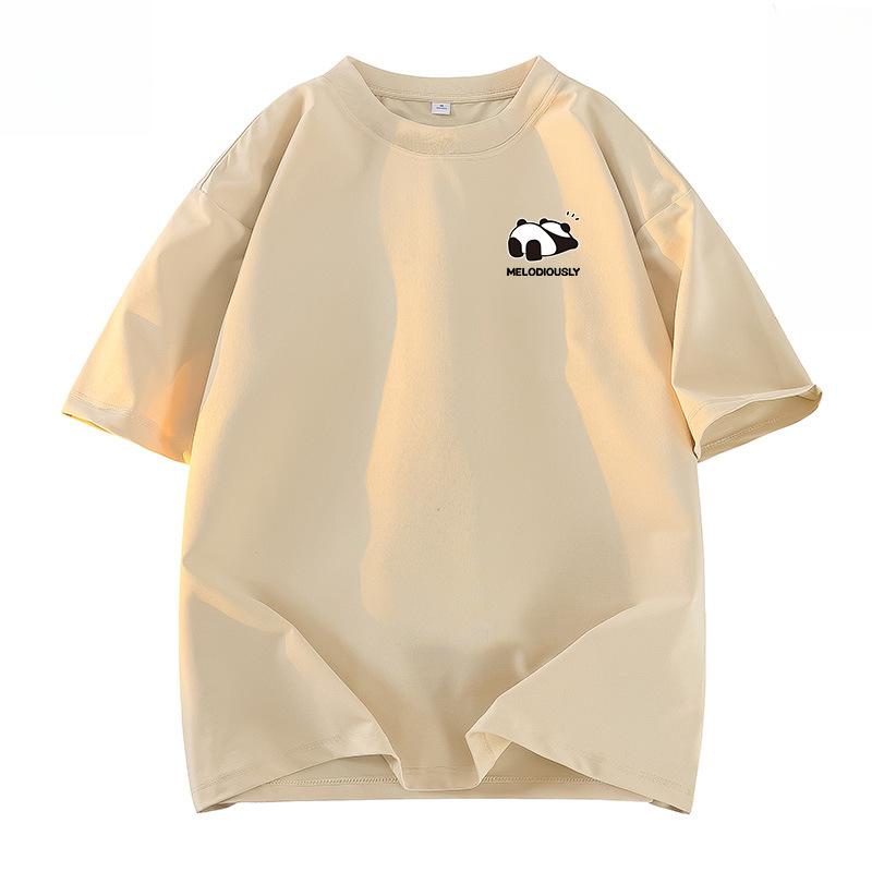 Sommerliches Baumwoll-T-Shirt mit lockerem Schnitt, Panda-Grafikdruck und Fünf-Minuten-Ärmeln