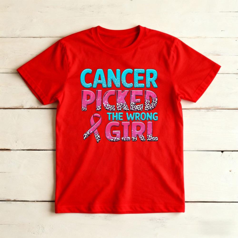 Cancer Picked The WrongunisexLeopard Letter Graphicunisex Summer Tshirt Breast Cancer Fighter Bold Motivational Short Sleeve Top
