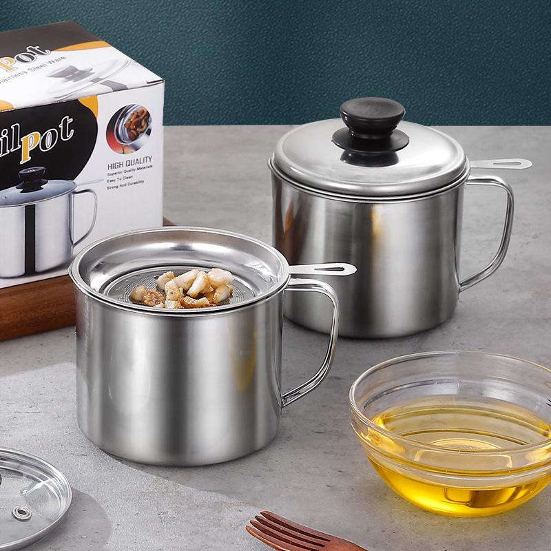 Stainless Steel Oil Filter Cup with Lid, Large Capacity for Kitchen Filtering and Storage