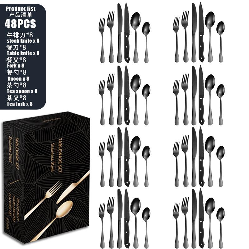 Stainless steel tableware set 8-person knife, fork and spoon set 48-piece set Color boxed steak knife