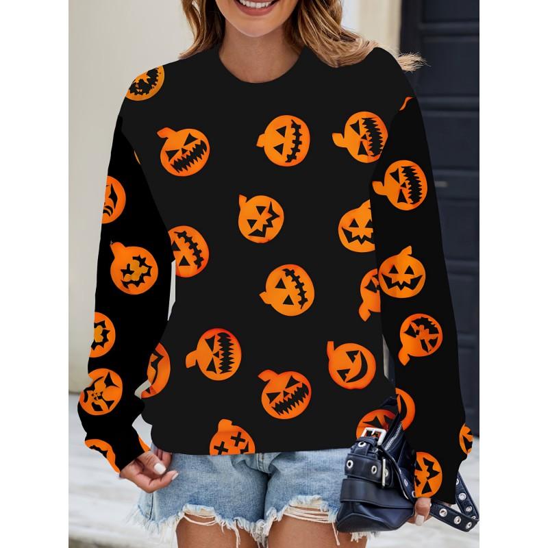 Womens Casual Hoodie With 3D Halloween Print Round Neck Lightweight Breathable Fabric