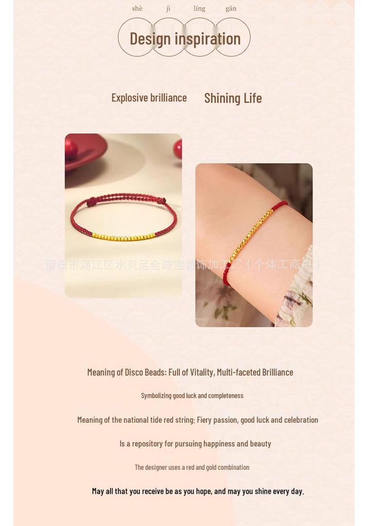 999 Gold Zodiac Red Bracelet: Crushed Disco Beads & Gold Luck Charm, Perfect Gift for Girlfriend