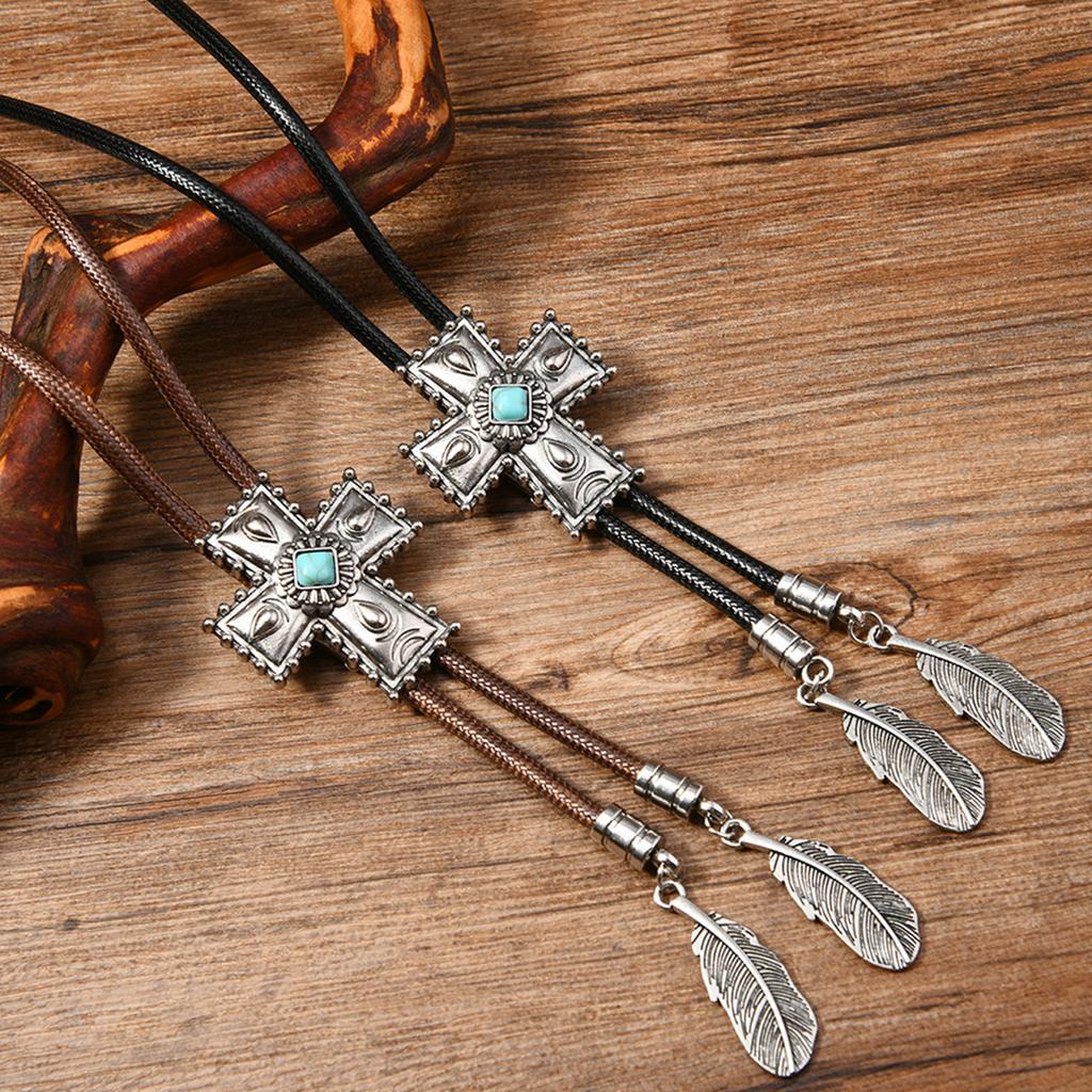 Men's Rodeos Western Leather Cord Bolo Tie Antique Floral Stone Jewelry Cowboy Necktie Necklace with Feathered Pendant