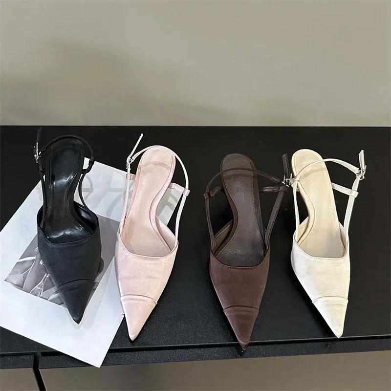 High Quality Satin Buckle Strap Women Pumps Sandals Fashion Shallow Thin Heels Pointed Toe Slingback Mules Shoes