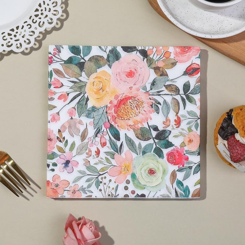 Свадебные салфетки, 20 шт., 33x33 см, Симметричные акварельные цветочные салфетки, Нежно-розовые, желтые, зеленые цветы на белом фоне для романтического украшения стола 33CM