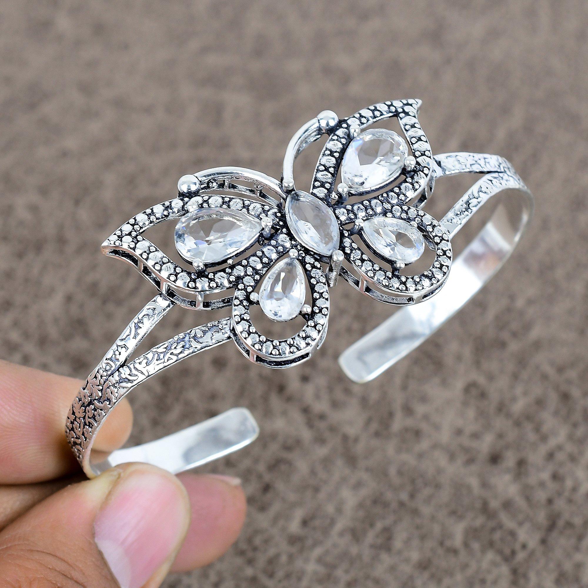 

White Topaz Gemstone Handmade 925 Sterling Silver Cuff Bangle Adjustable KKG-106