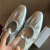 Cowhide version~ leather pleated silver light mouth single shoes women's flat 2025 new spring French Mary Jane women's shoes