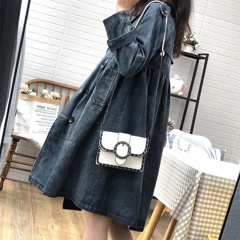 Women's Spring and Autumn Denim Windbreaker Loose and Thin Mid-length High-waist Double-breasted Fashion