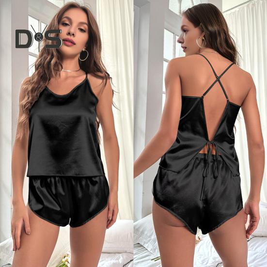 2 Teile/satz Damen Weste Shorts Anzug V-Ausschnitt Ärmelloses Oberteil mit Spitze hinten Hohe Taille Kurze Hose Homewear Loungewear Outfit Sommer Nachtwäsche
