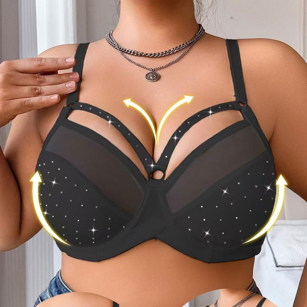 Soutien-gorge en maille semi-transparente à pois de grande taille avec anneau en acier, partie supérieure froncée et soutien latéral de la poitrine