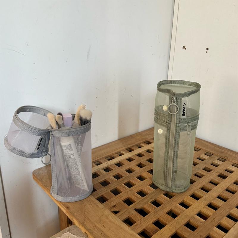 Mesh Dual-Use Makeup Brush Storage Bag Portable Brush Case Simple Large Capacity Brush Bucket Holder Travel Stand-Up Pouch