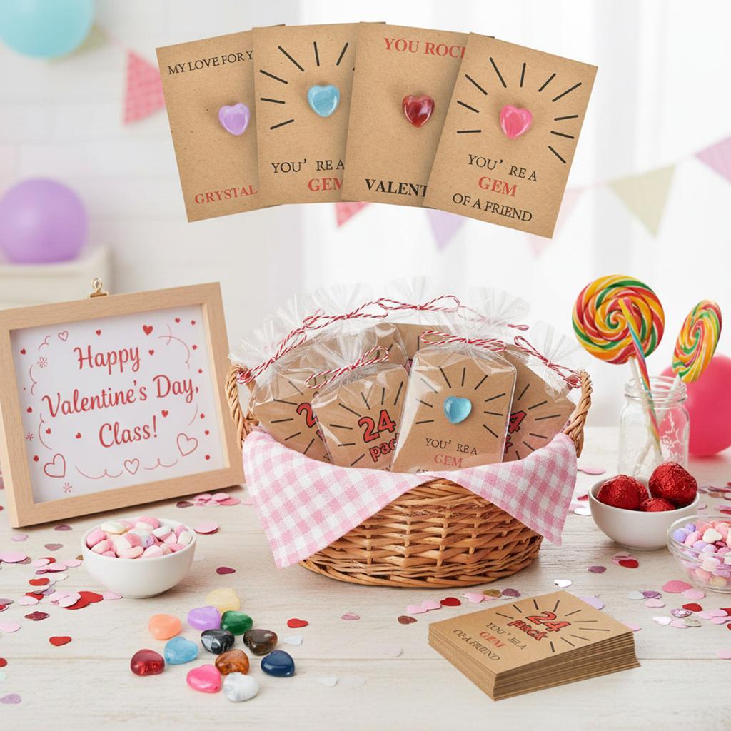 24 Pack Funny Valentine Exchange Card Gift with Heart-Shape Crystal Stone Valentine Exchange Card for Girls Boys School Class