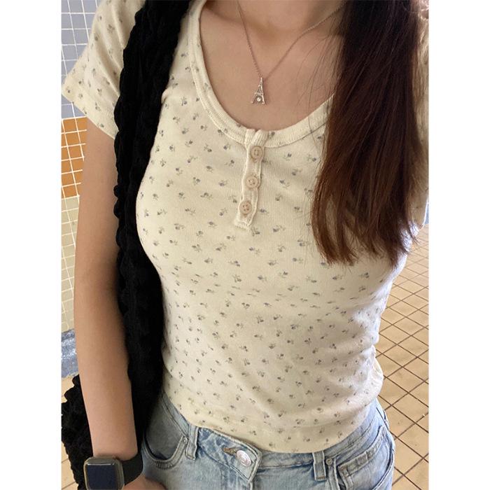 

2025 Цветочный Приталенный Женский Топ с Коротким Рукавом - Сладкий и Пикантный Французский Маленький Стиль Large абрикосовый