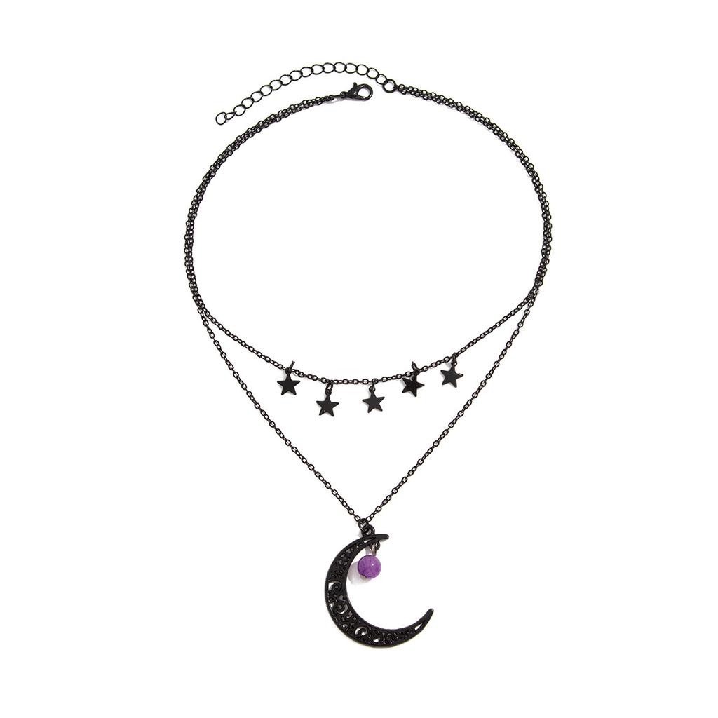 Dark Wind Hollow Moon Star Pendant Necklace, Personalized Geometric Metal Chain Clavicle Necklace