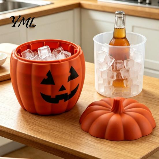 Silicone Ice Cube Mold Halloween Bucket Mold, Pumpkin Ghost Tray with Drain Basket, 2 Party Drink Accessories In 1 Freezer Cooler for Drinks