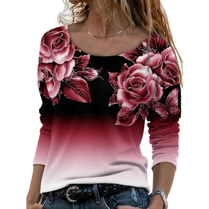 IHUASU Women's Long Sleeve Loose Round Neck Casual Pullover 3D Printed T-Shirt
