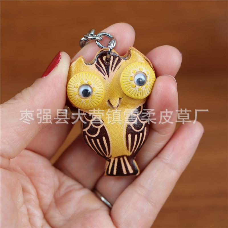 First Layer Cowhide Creative Owl Bag Car Keychain Pendant Animal Doll Jewelry Cute Little Gift