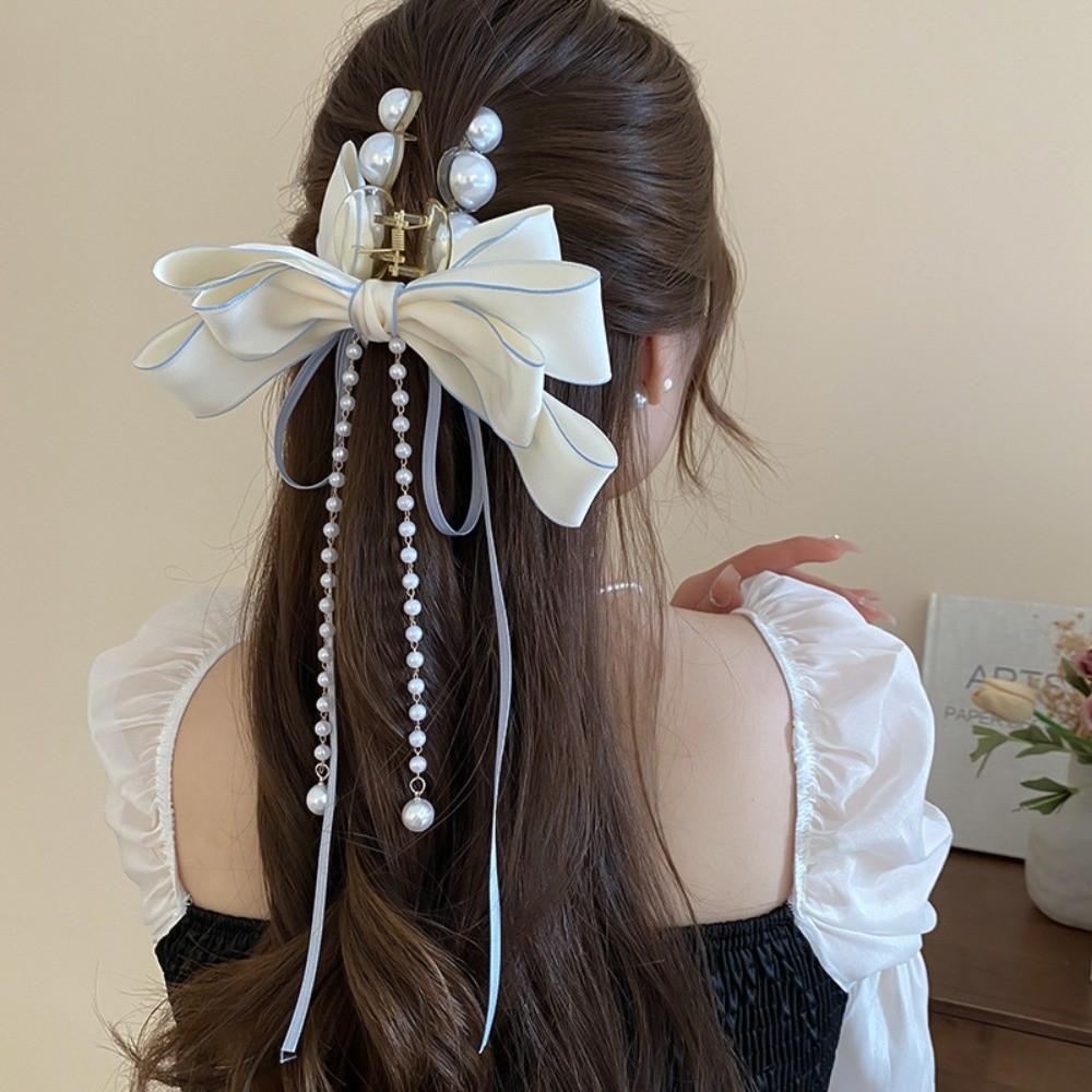 Bow Pearl Hair Claws Tassel Chain Shark Clip Fashion Hair Clip Girls