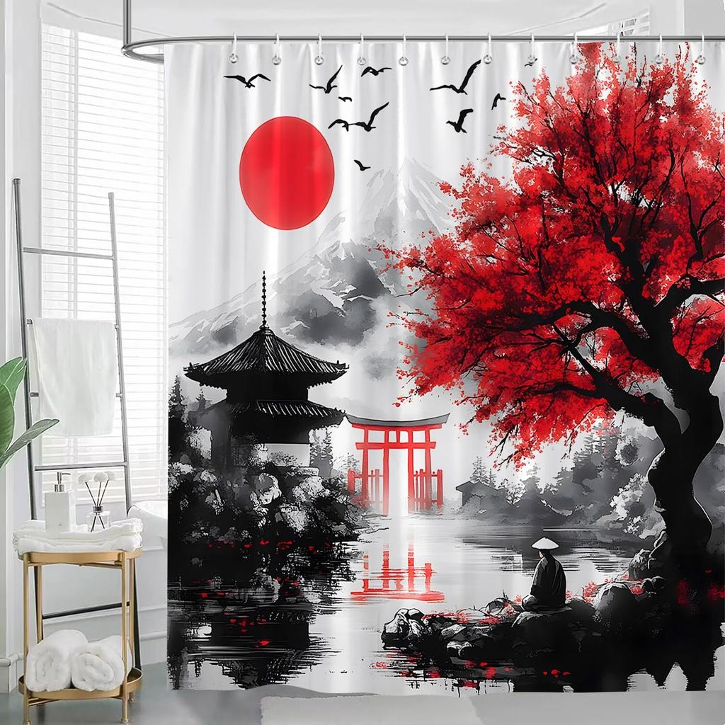 Asian Japanese Cherry Blossom Shower Curtain Rustic Farmhouse Floral Watercolor Oil Painting Flowers Anime Chinese Style Mountains Lakes Landscape