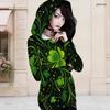 Women Plus Size Asymmetric Cutout Neck Cold Shoulder Long Sleeve Fitted Top Dark Green Golden Clover Printed