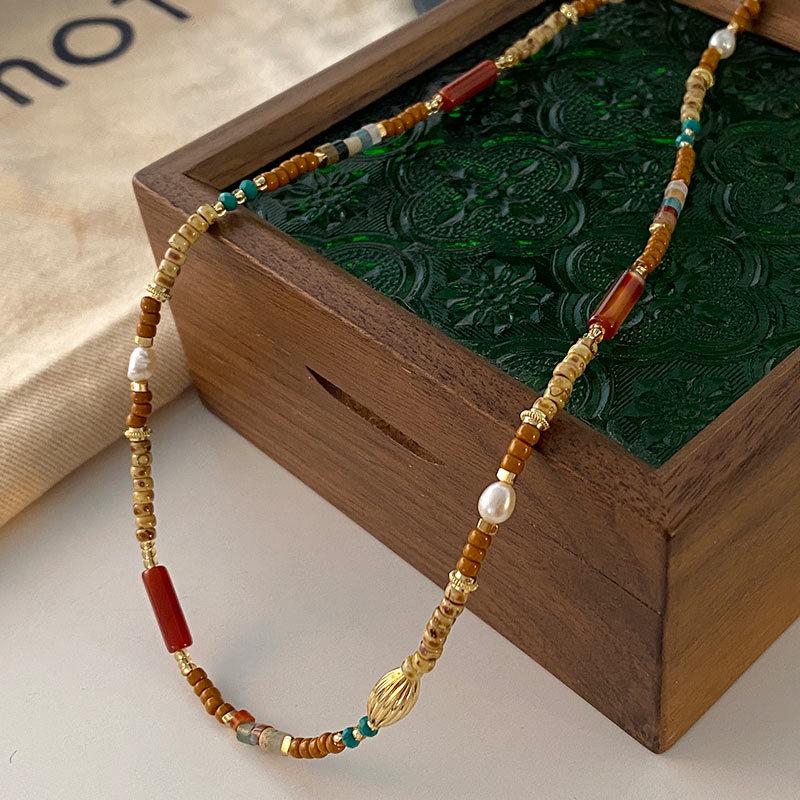 Guo Huang Roter Rhodonit Perlenkette - Naturstein Pulloverkette Schlüsselbein-Accessoires für Neujahrsfeierlichkeiten.