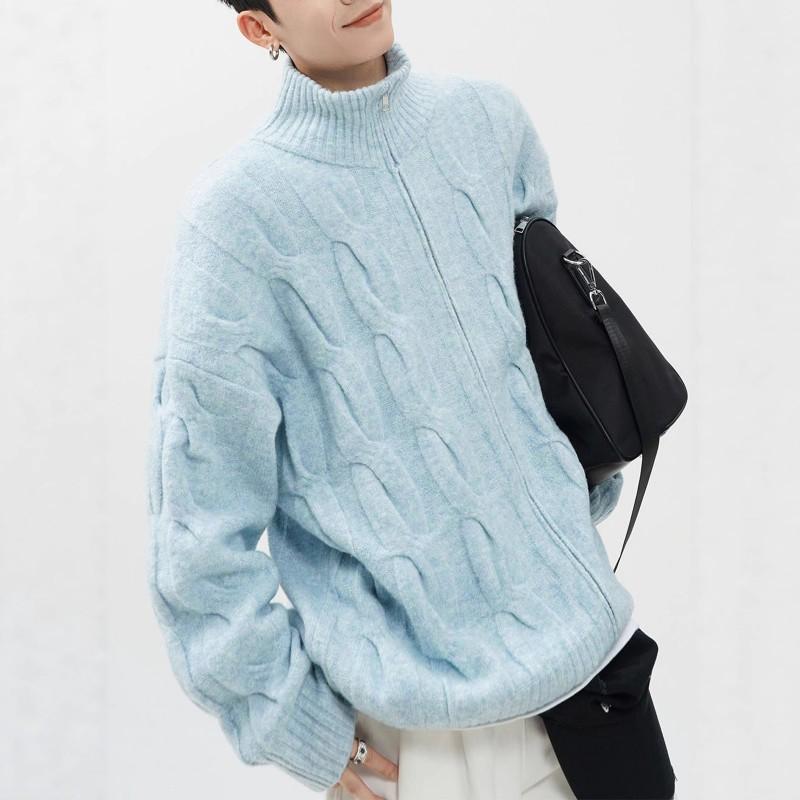 Unisex Vintage Half Turtleneck Cable Knit Cardigan Sweater Loose Fit Winter Casual Zip-Up Outerwear